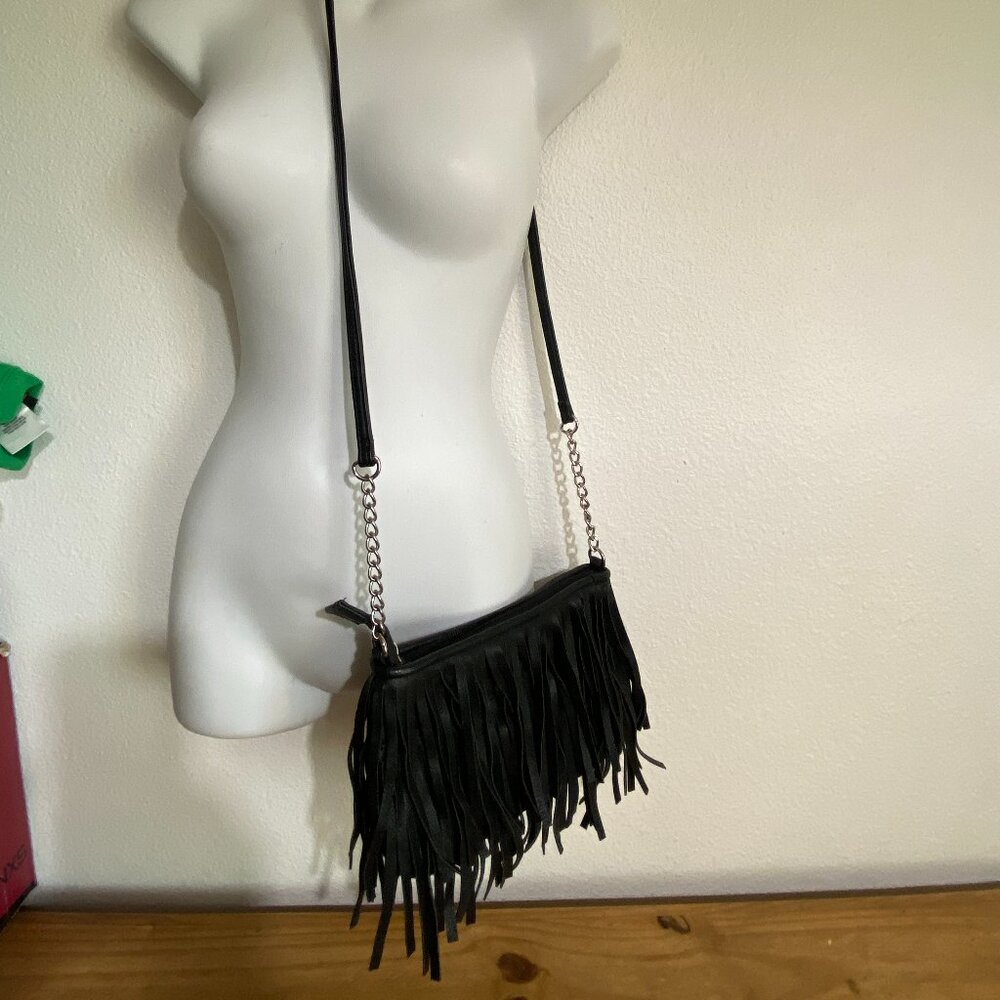 Candies fringed faux leather crossbody purse, zip close, 22" strap, black